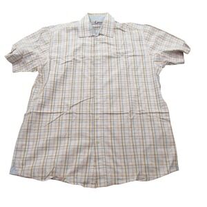 Fred Perry Mens Large Short Sleeve Button Down Shirt Plaid Tan Blue Pink Logo